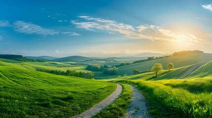 Beautiful green grass landscape with path and blue sky, summer nature background. Panoramic view of meadow in spring or autumn season. Green hills on horizon, blue clear cloudless sunny sky. 