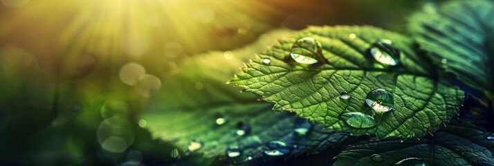 Naklejka premium Ethereal macro photography raindrops transform green leaf into reflective sanctuary