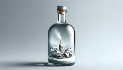 a quaint village in winter captured within a tall oval glass bottle.