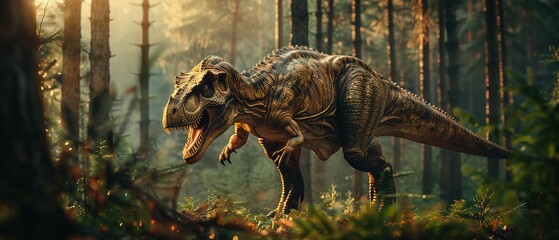 Experience the Thrilling Fear of Encountering a Tyrannosaurus Rex, Its Enraged Roars Echoing Through a Prehistoric Forest, a Remnant of a Bygone Era