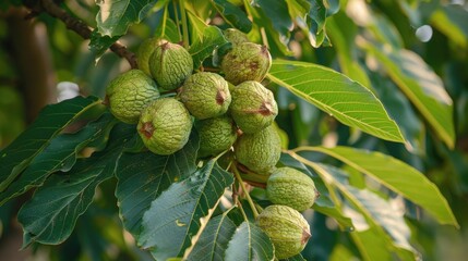 Tree bearing immature walnut fruits Juglans regia