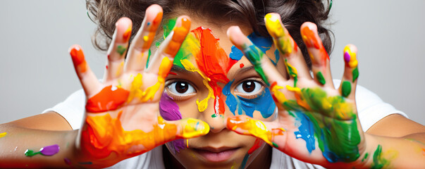 Young Boy With Painted Hands Covering His Face