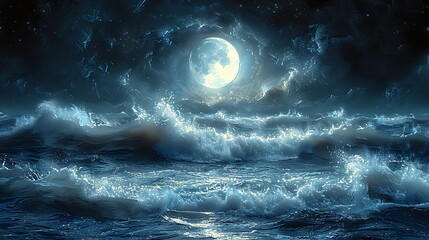 Fototapeta premium A digital painting of the ocean at night, where the water is bathed in moonlight, casting a silver glow over the deep mysterious blue waves, creating a tranquil and slightly eerie atmosphere.