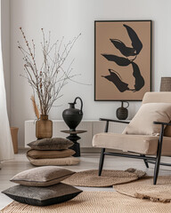 Minimalist zen interior design in beige with natural elements and window lighting. Relaxing interiors, meditation spaces.