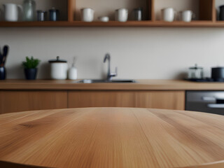wooden display for products with a blur bokeh kitchen background