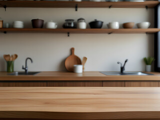 wooden display for products with a blur bokeh kitchen background