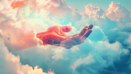 Reaching hand came out from cloud. Surreal background.
