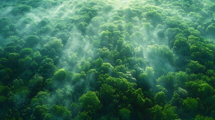 Fototapeta premium A minimalist aerial view of a morning meadow, with the ground covered in a fine mist that accentuates the vibrant greens and aquas of the spring grass.