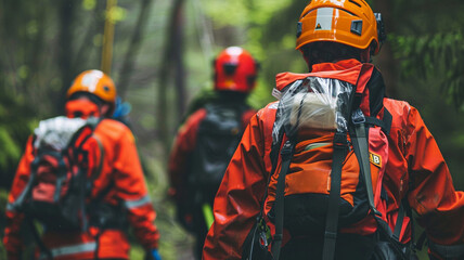 
A team of rescue workers collaborating in a challenging environment, such as a wilderness or disaster zone, to locate and assist individuals in need, showcasing courage, solidarity.