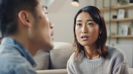 Argument Between Young Asian Couple, woman concerned, indoor setting
