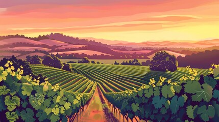 2D Flat illustation Landscape Concept of a Picturesque Vineyard at Sunset, with Copy Space for Wine Country Escapes, Photographed by a Professional Camera