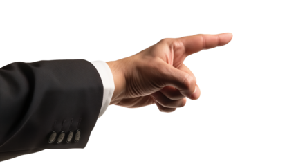 The hand of a man in a suit pointing with a finger isolated on  a transparent background