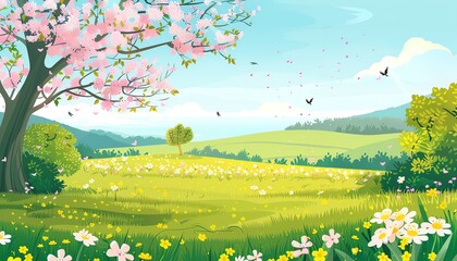 2d illustration of spring landscape with flowers