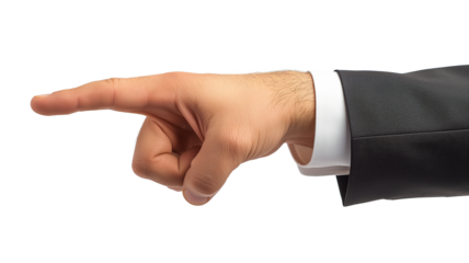 The hand of a man in a suit pointing with a finger isolated on  a transparent background
