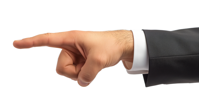 The hand of a man in a suit pointing with a finger isolated on  a transparent background