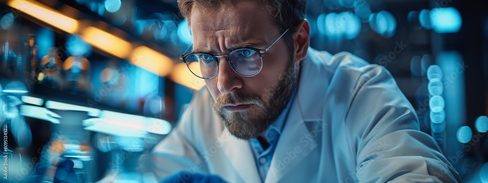 Poster quantum computer engineer in a clean lab coat monitoring data, styled as minimal and techy