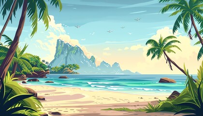 Naklejka premium 2D Flat illustation Landscape Concept of a Tranquil Lakeside Scene, with Copy Space for Nature Reflections, Captured by a Professional Camera