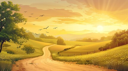 Fototapeta premium 2d flat illustration of sunset over the field