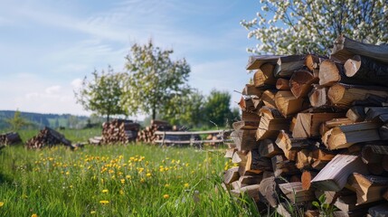 Stacked firewood in a spring meadow orchard