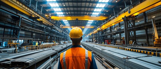 Steel fabrication plant, bright and orderly with workers inspecting smooth steel beams under fluorescent lights