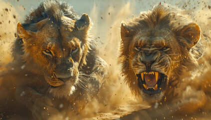 Two fierce lions fight in the desert, with dust flying all around them. The lion on the left is...