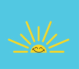 Yellow half sun icon. Sunset simple graphic symbol. Summer heat icon. Half round solar element. Vector illustration isolated on light blue background.