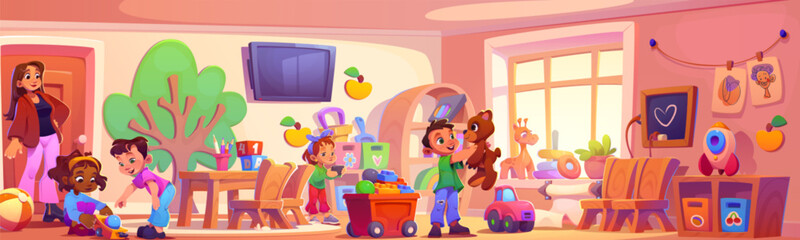 Obraz premium Kindergarten room interior with little kids playing with toys and woman babysitter. Cartoon vector illustration of children and teacher in nursery classroom. Daycare and montessori indoor playground.