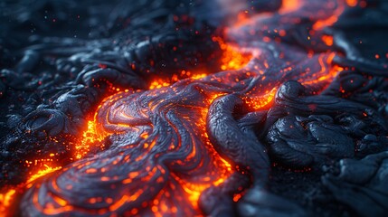 A photorealistic close-up of lava streaming down a volcano's side, focusing on the intricate details of the bubbling and flowing lava.