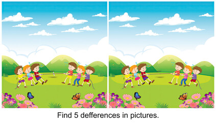 children playing pull the rope find 5 differences in the picture.