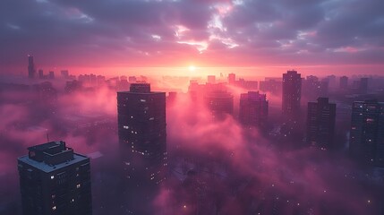 Fototapeta premium A photorealistic depiction of a cityscape at dawn, shrouded in a gentle lavender fog that softens the urban edges and diffuses the early light.
