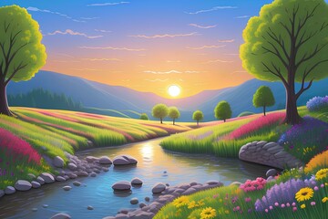 Beautiful and Peaceful Nature Scenery Illustration, Landscape, Countryside, Tranquil, Vibrant and Colorful