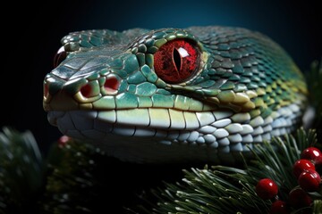 Fototapeta premium A snake with red eyes and a green body sits on a spruce branch with red berries. Symbol of 2025.