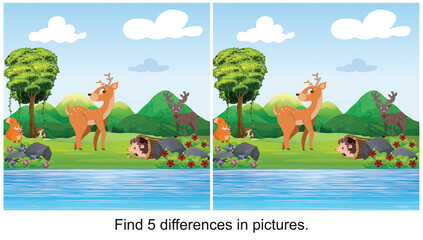 Today the weather is good, little deer came out for a walk. find 5 differences in the picture.