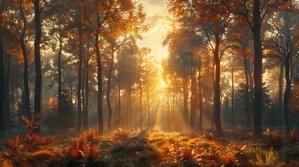 Obraz premium A photorealistic depiction of a forest at dawn, with the first rays of light filtering through the trees, casting long shadows and soft, warm hues that highlight the tranquility of the early morning.