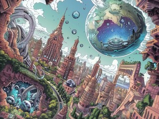 An intricately detailed city with classical and futuristic elements, floating orbs, and lush gardens in a dynamic, artistic urban setting.
