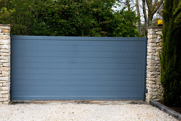 modern grey gate slats dark gray slide aluminum portal of suburb home