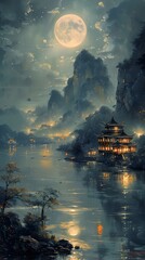 Night view of ancient Chinese village and river at night with full moon