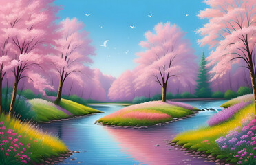 Beautiful and Peaceful Nature Scenery Illustration, Landscape, Countryside, Tranquil, Vibrant and Colorful