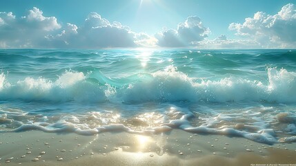 A photorealistic depiction of crystal-clear waves rolling onto a beach, the water's aqua and mint green colors sparkling in the sunlight, highlighting the purity and freshness of the sea.