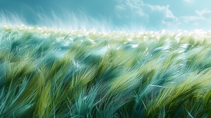 A photorealistic scene capturing the movement of a soft breeze through a field of tall grass, the blades bending in mint and aqua hues under the gentle wind, creating a dynamic yet peaceful scene.