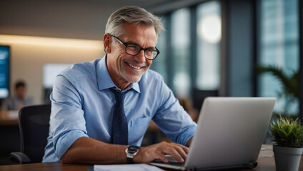 Corporate Efficiency, Smiling Mature Businessman Engaged in Laptop Work at Desk