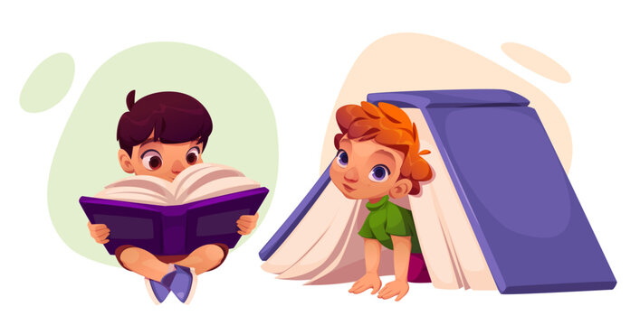 Boy kid read book in school library cartoon vector. Cute and happy pupil character learn story and study english in preschool isolated icon set. Young student reader sit with literature clipart