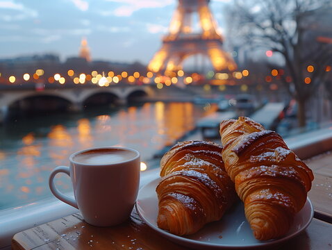 Crossaint und Kaffee in Paris / Fr&uuml;hst&uuml;ck mit Blick auf den Eiffelturm / Tourismus Poster / Fr&uuml;hst&uuml;ck in Paris Wallpaper / Ai-Ki generiert