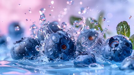 Food shot, super wide angle blueberries waterfall splash, liquid explosion against pastel color background, Focus on Blueberries with high resolution