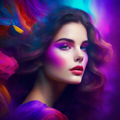 Fototapeta premium A woman in a colorful vivid background. an illustration of visual hallucinations. Mental health concept
