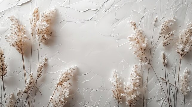 Invitation card with a frame of soft feather grass on a textured, handmade paper background, exuding simplicity