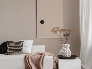 Minimalist peach interior design decor with textured elements and natural light from a window. Interiors composition with copyspace for text.