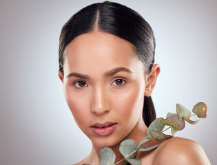 Girl, portrait and plant for natural skincare in studio, facial treatment and sustainable...