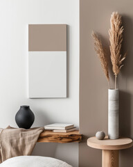 Minimalist peach interior design decor with textured elements and natural light from a window. Interiors composition with copyspace for text.