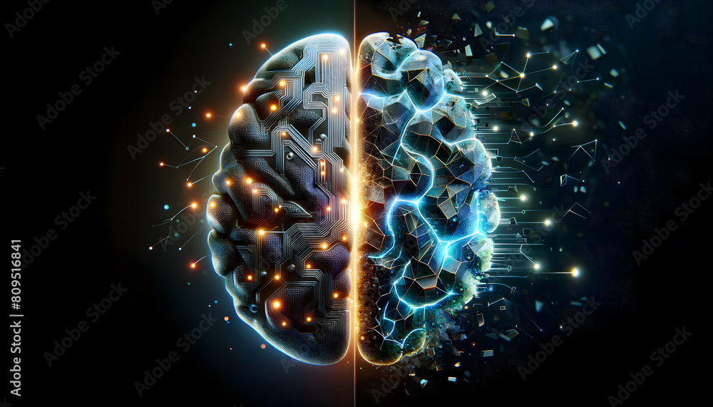 Poster concept of success and failure with an ai theme. it features two abstract representations of ai brai